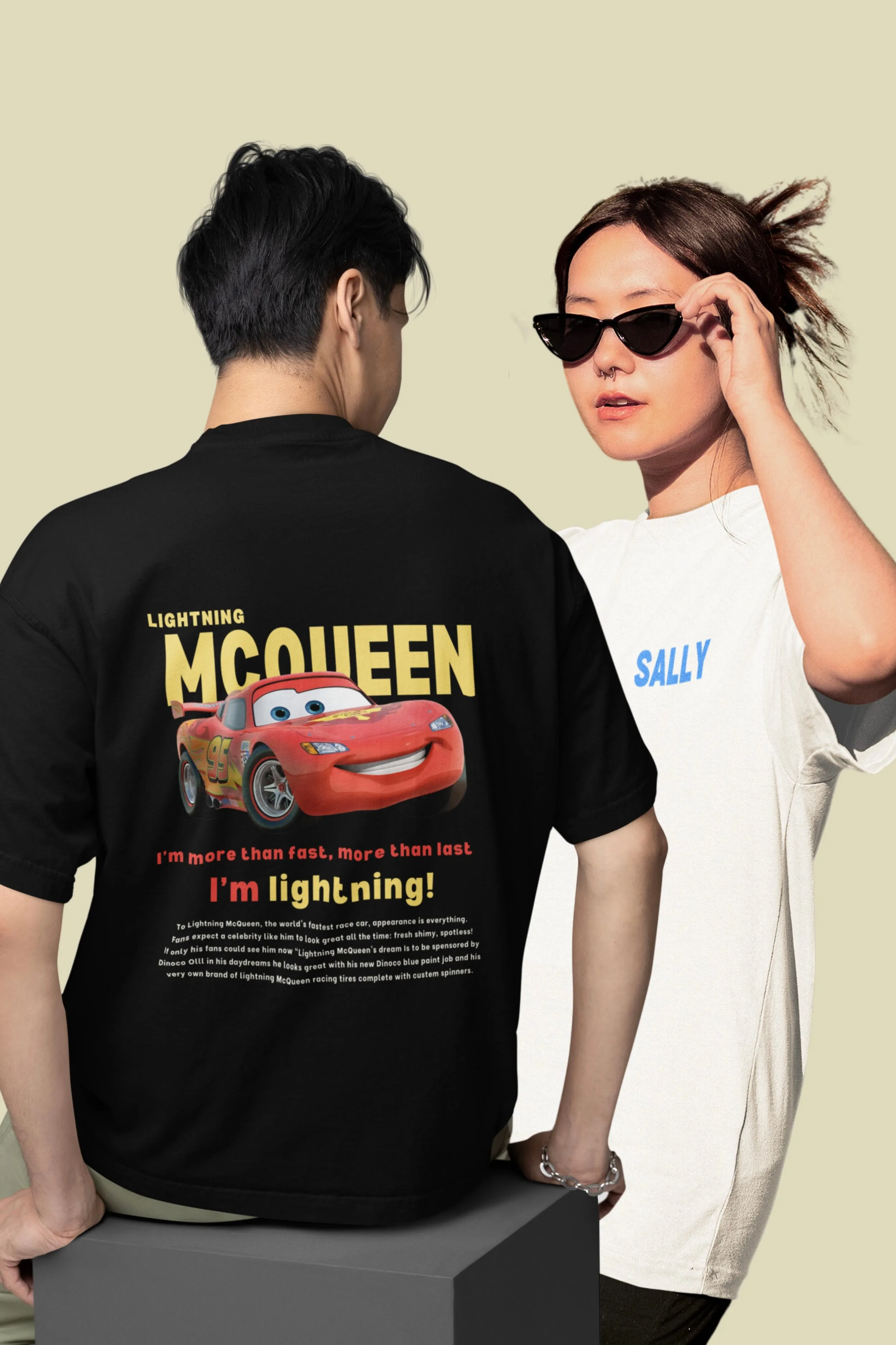 Pack of 2: Unisex Oversized T-Shirts - Double-Sided Printing of Mcqueen Sally - Suitable for Couples, Black & White