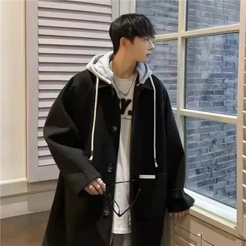 Aidase Autumn Winter Thick Woolen Coat Men's Loose Fitting Fake Two-piece Hooded Trench Coat Men's Trendy Windbreaker Mid Length Jacket
