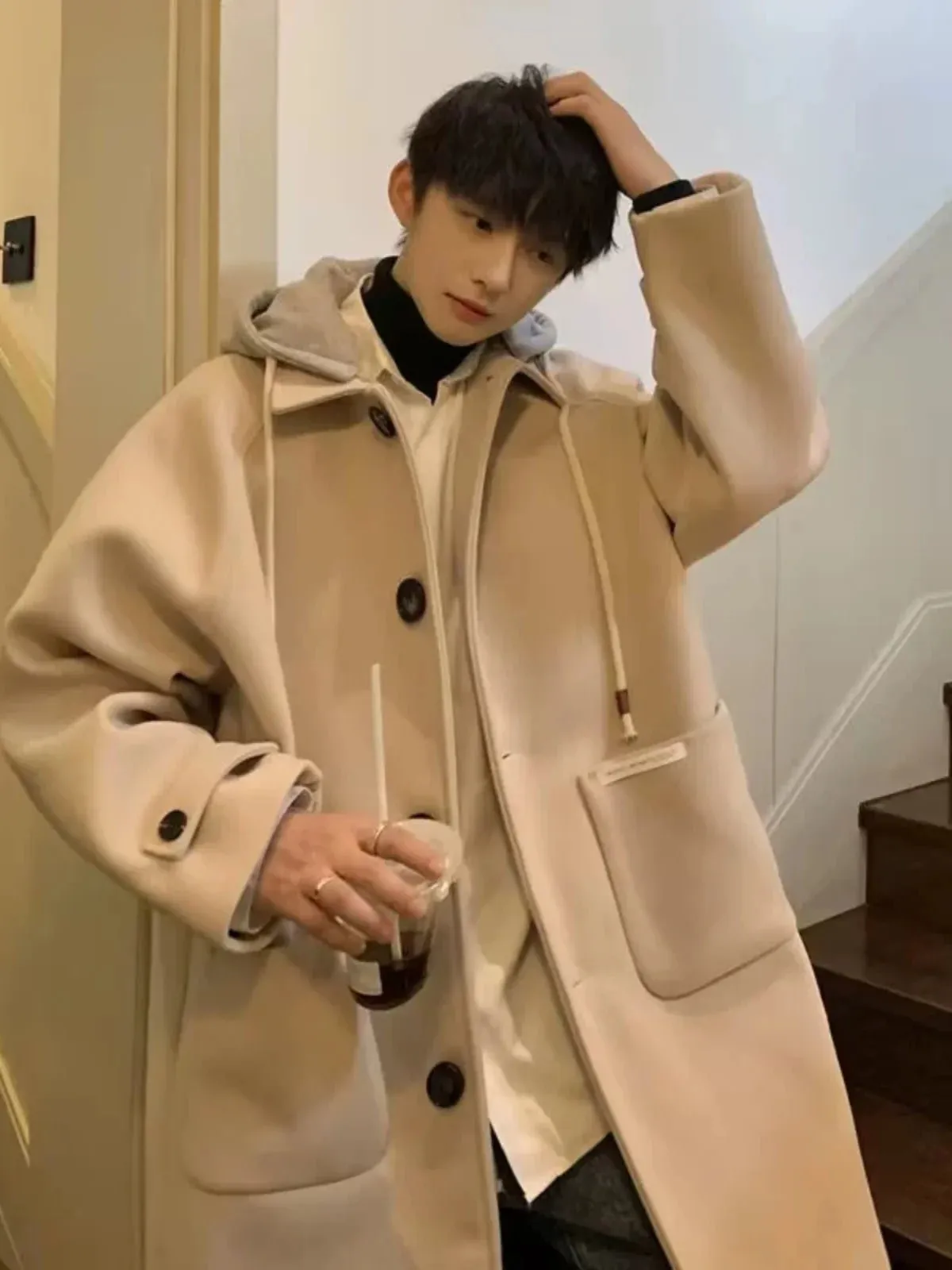 Aidase Autumn Winter Thick Woolen Coat Men's Loose Fitting Fake Two-piece Hooded Trench Coat Men's Trendy Windbreaker Mid Length Jacket