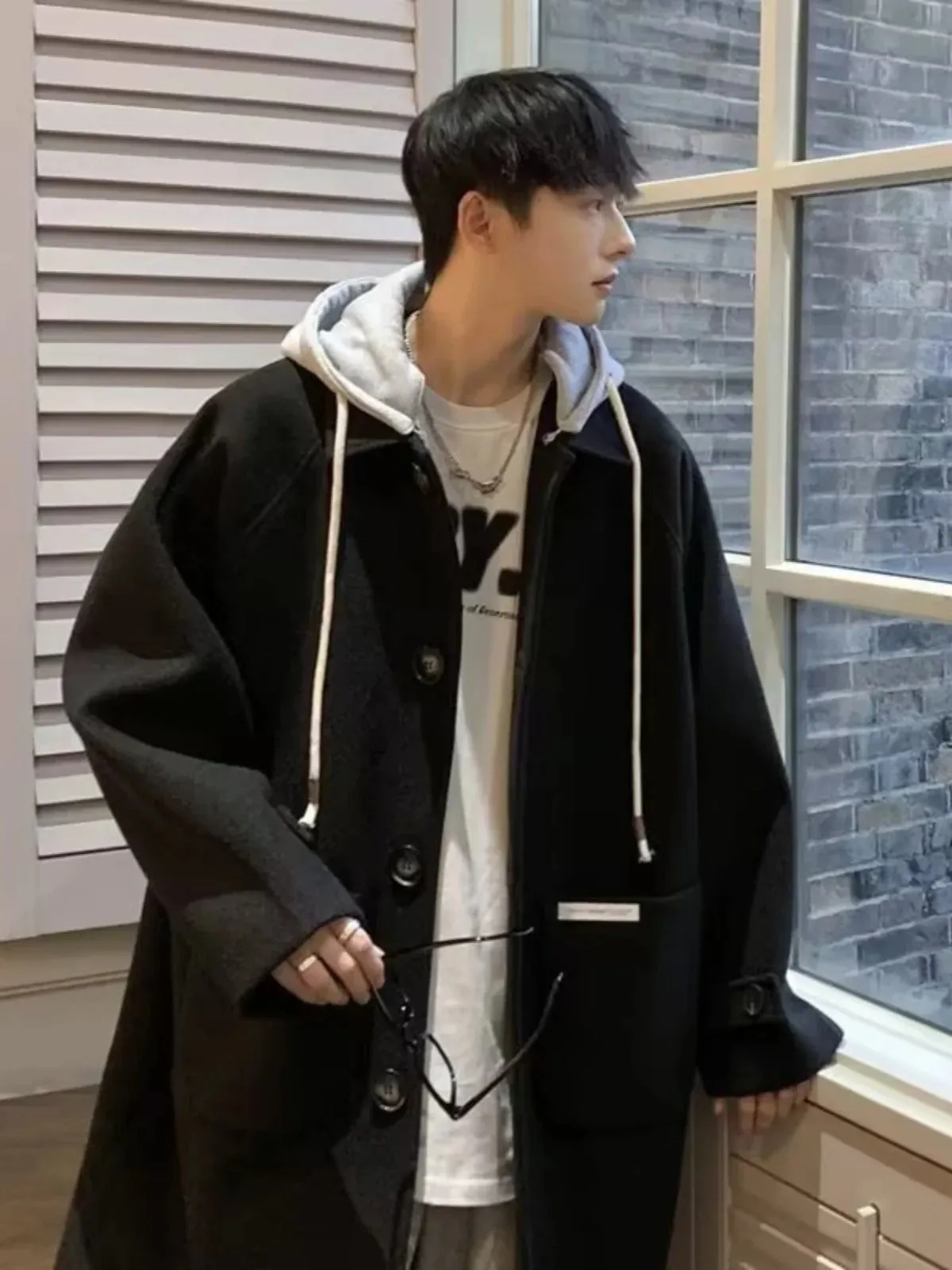 Aidase Autumn Winter Thick Woolen Coat Men's Loose Fitting Fake Two-piece Hooded Trench Coat Men's Trendy Windbreaker Mid Length Jacket
