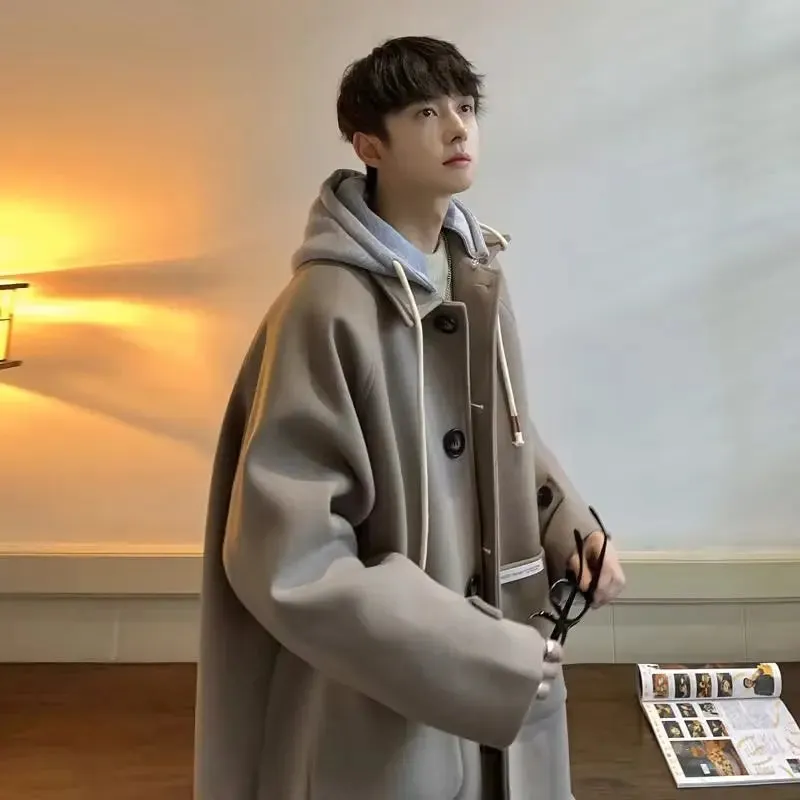 Aidase Autumn Winter Thick Woolen Coat Men's Loose Fitting Fake Two-piece Hooded Trench Coat Men's Trendy Windbreaker Mid Length Jacket