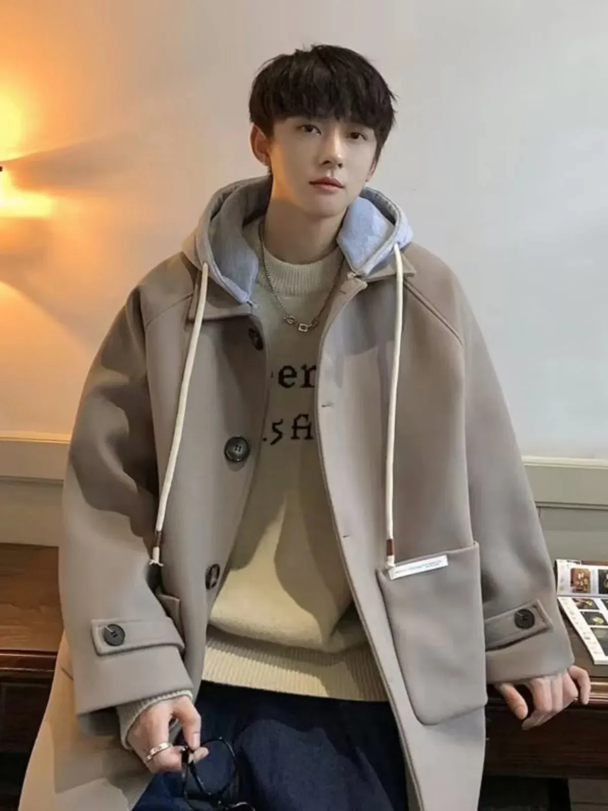 Aidase Autumn Winter Thick Woolen Coat Men's Loose Fitting Fake Two-piece Hooded Trench Coat Men's Trendy Windbreaker Mid Length Jacket