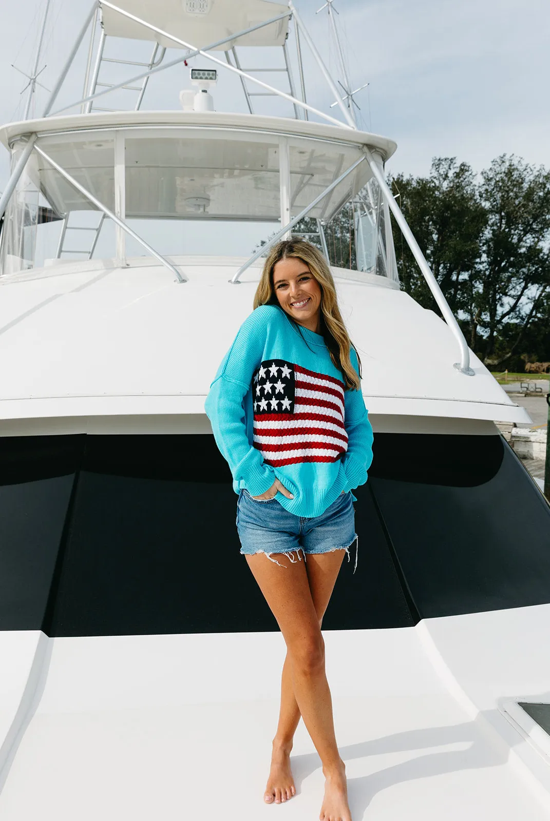 American Flag Lightweight Sweater - Aqua