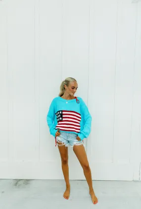 American Flag Lightweight Sweater - Aqua