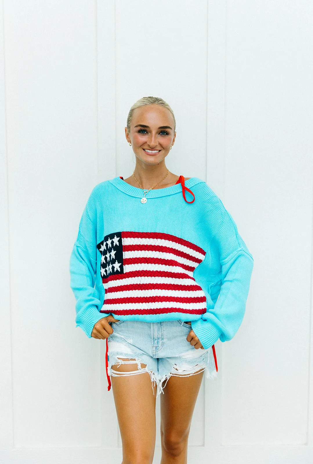 American Flag Lightweight Sweater - Aqua