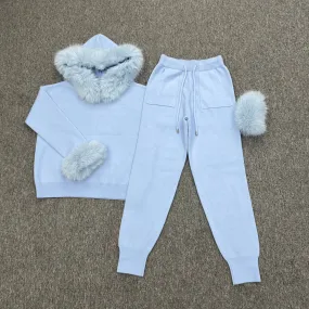 Baby Blue Faux Fur Trim Hood & Cuff Tracksuit
