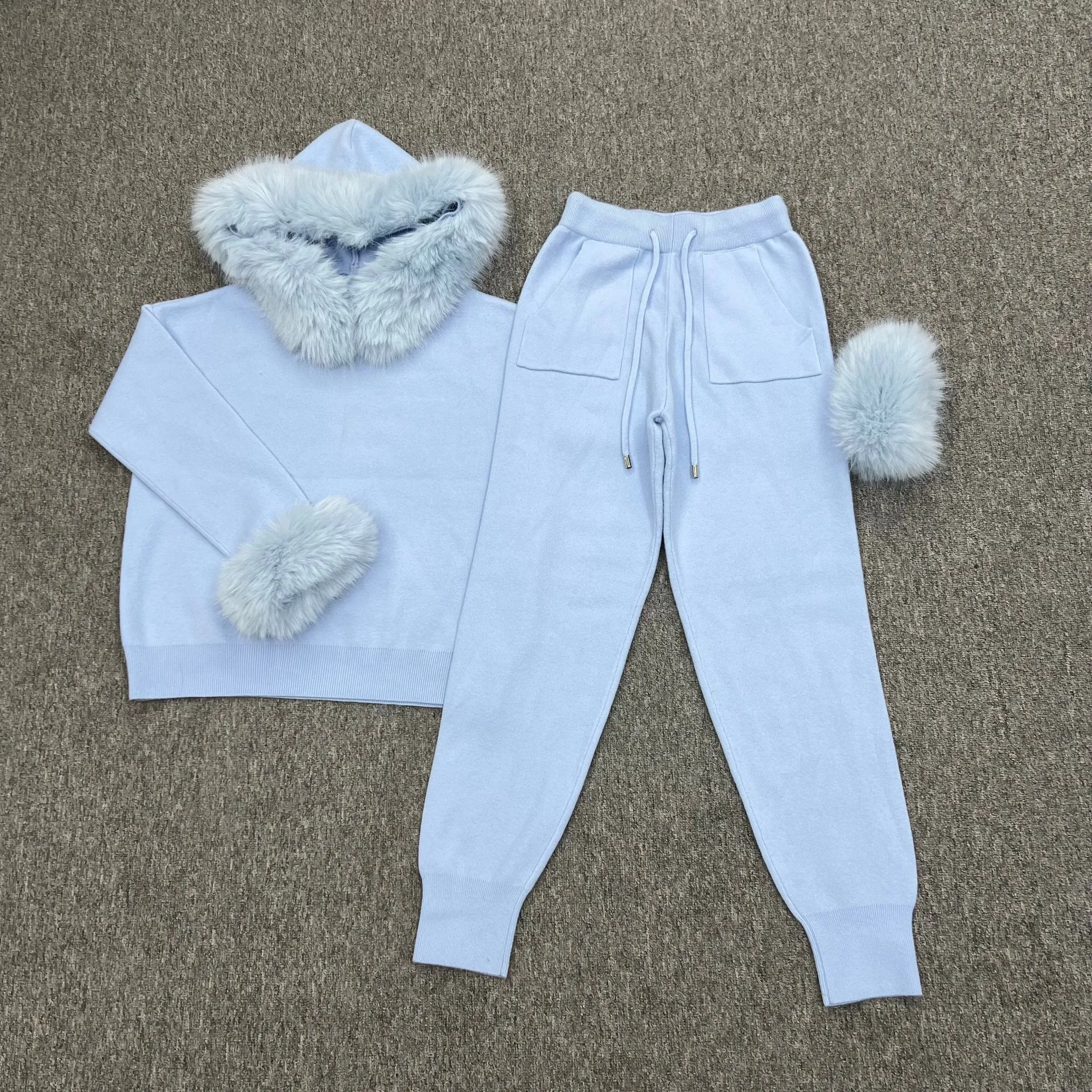 Baby Blue Faux Fur Trim Hood & Cuff Tracksuit