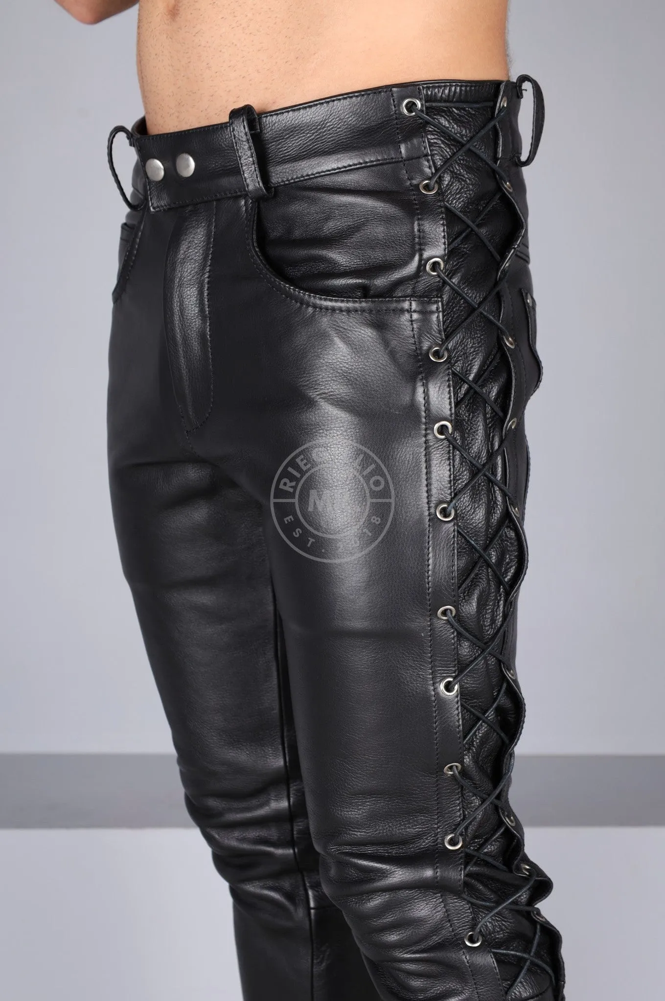 Berlin Black Leather 5 Pocket Lace Up Pants