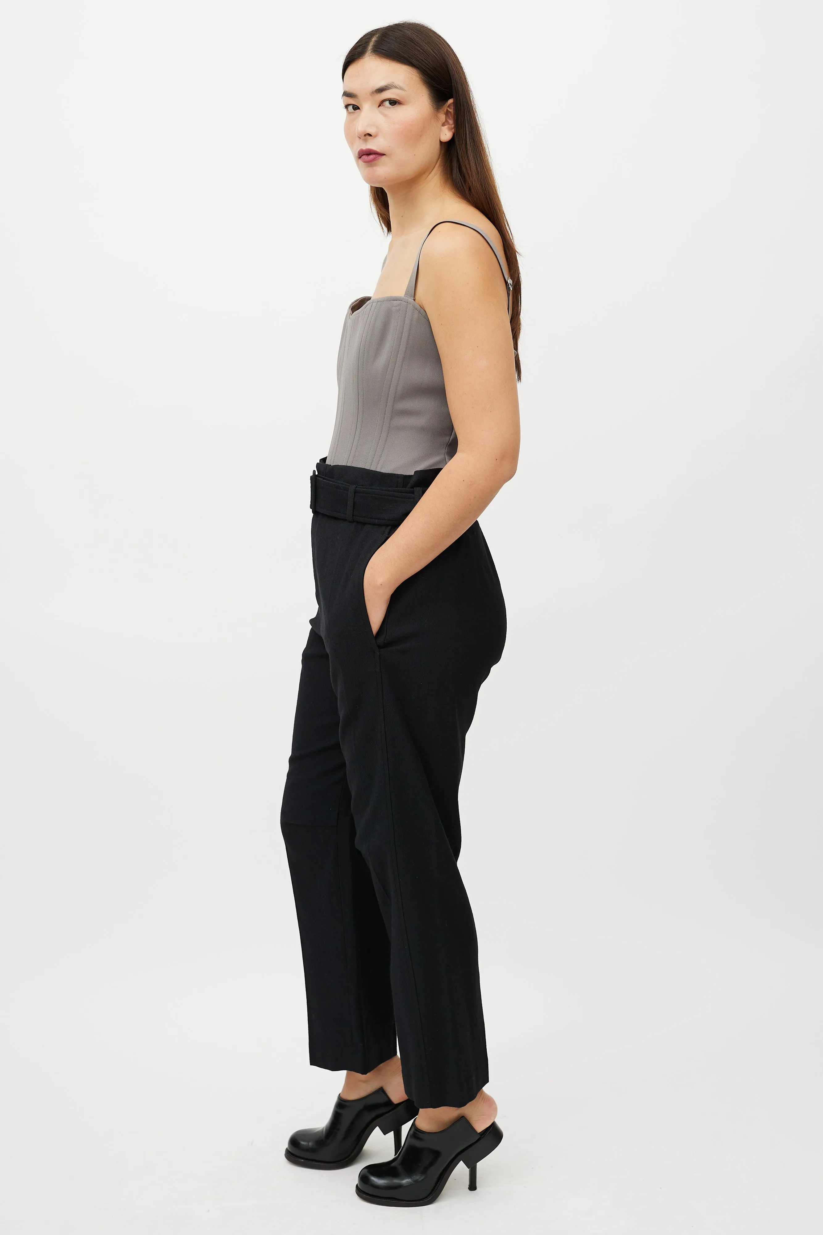 Black Wool Belted Trouser