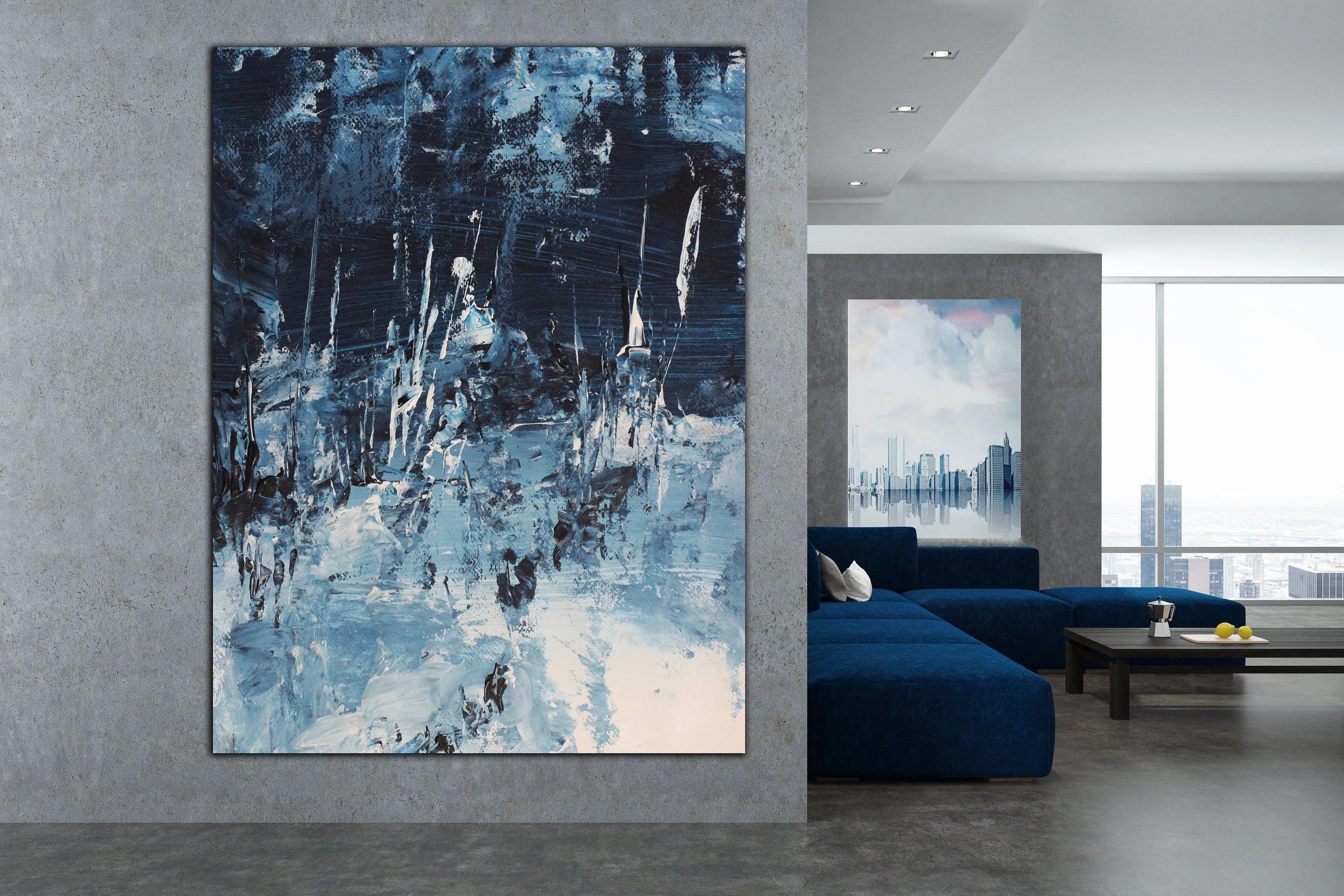 Blue & white extra large canvas wall art made to order in a custom size