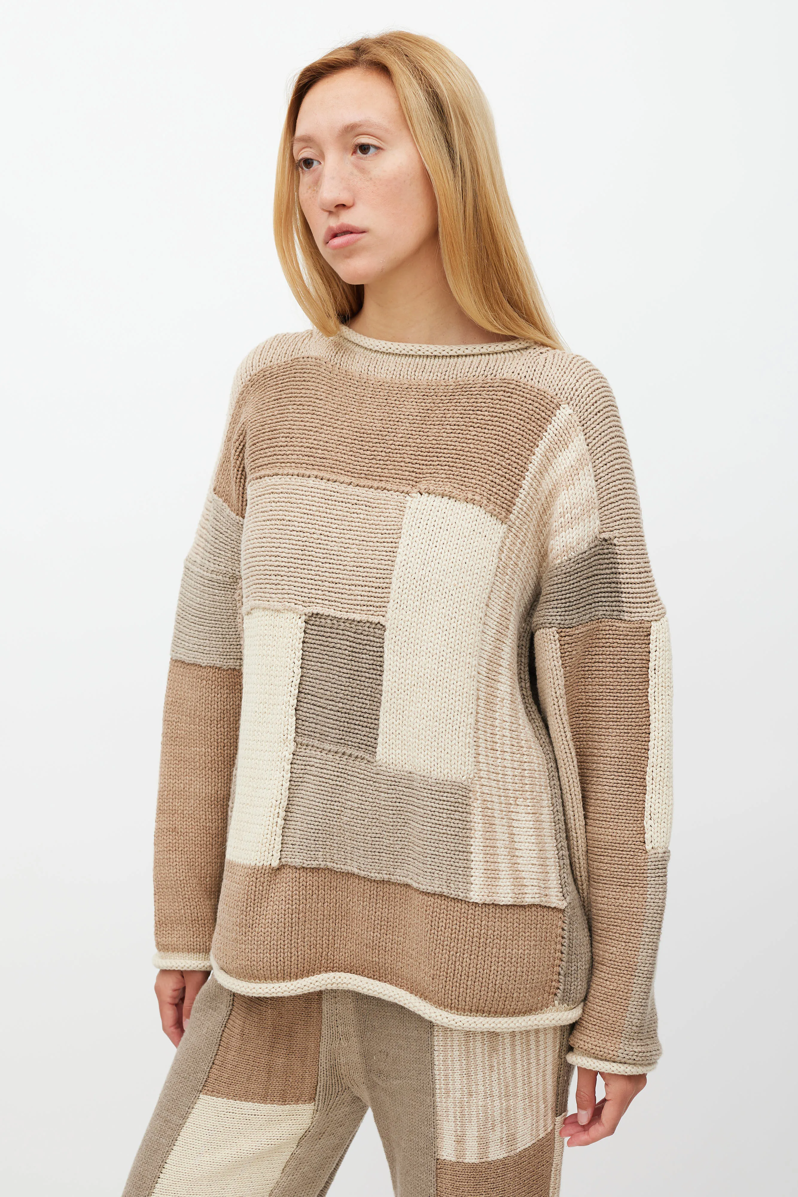 Brown & Cream Patchwork Knit Set
