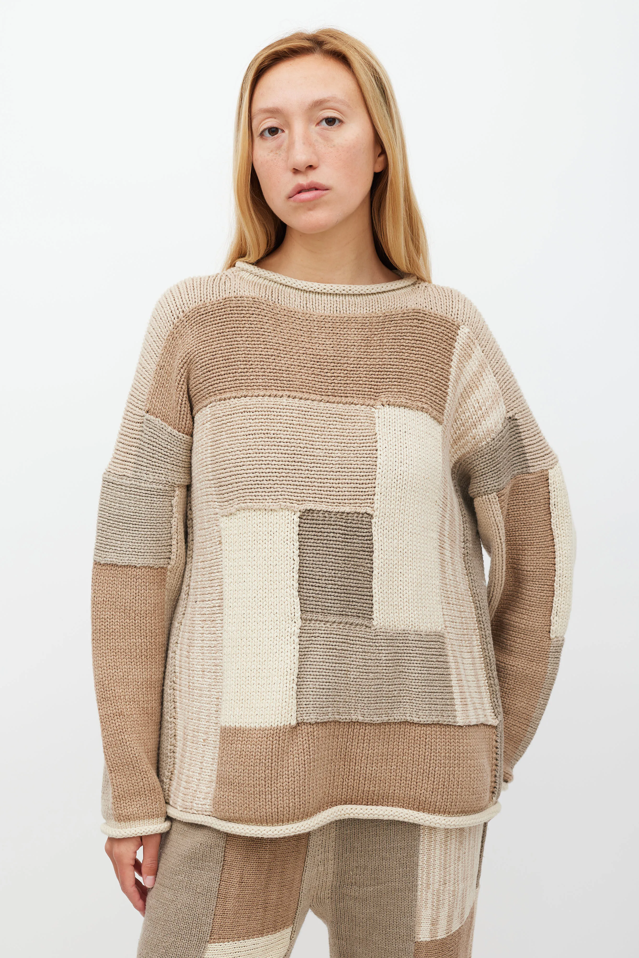 Brown & Cream Patchwork Knit Set