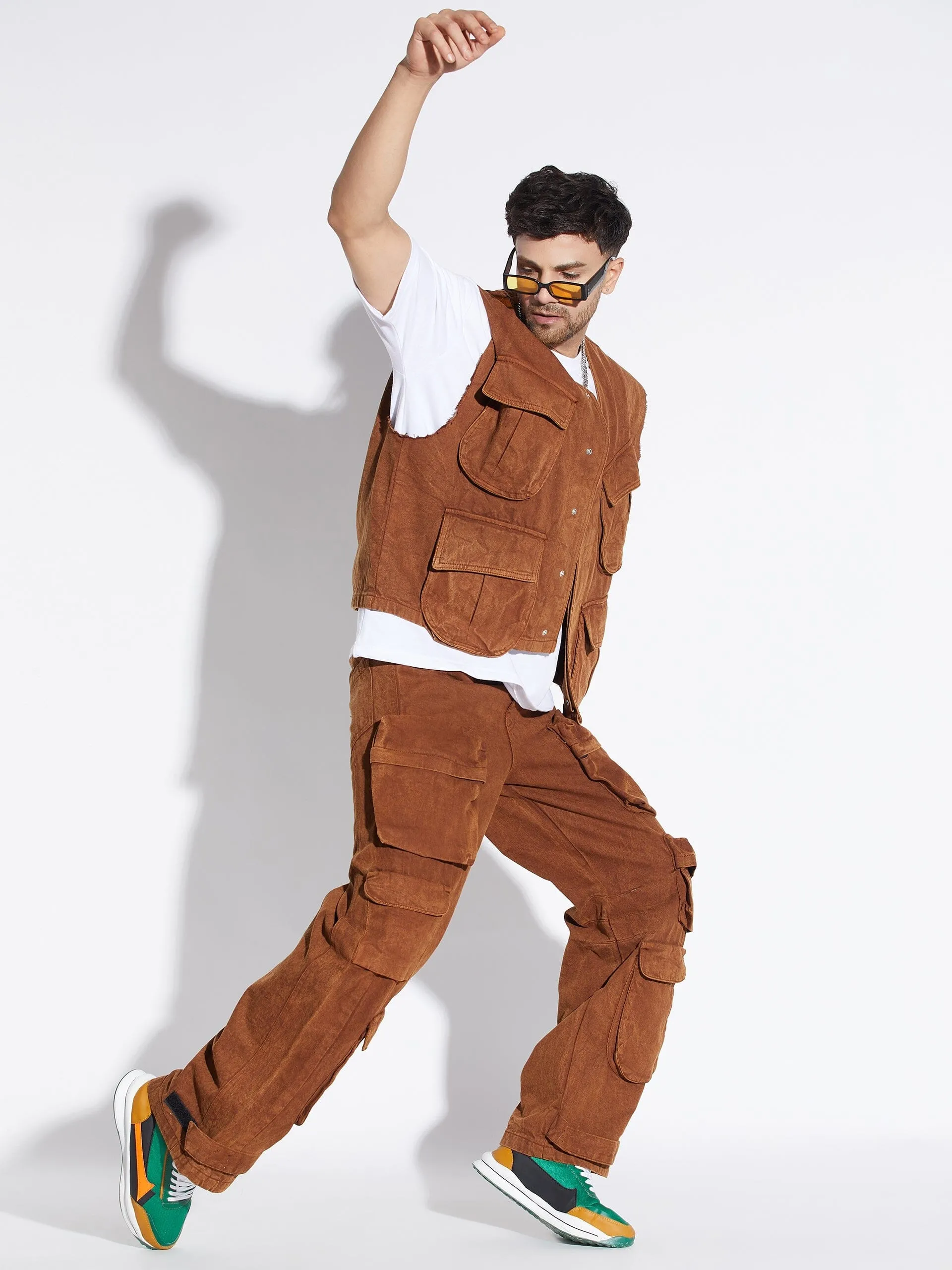 Mens Stylish Brown Washed Denim Jacket and Pants Set