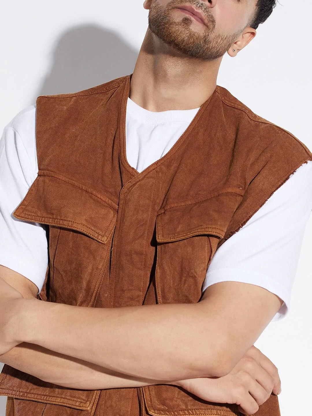 Mens Stylish Brown Washed Denim Jacket and Pants Set