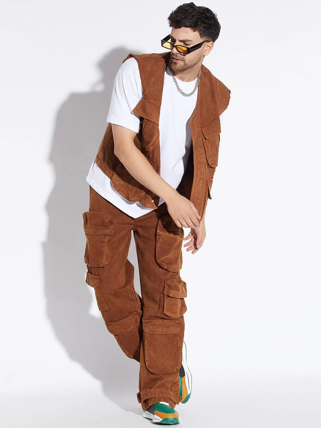 Mens Stylish Brown Washed Denim Jacket and Pants Set