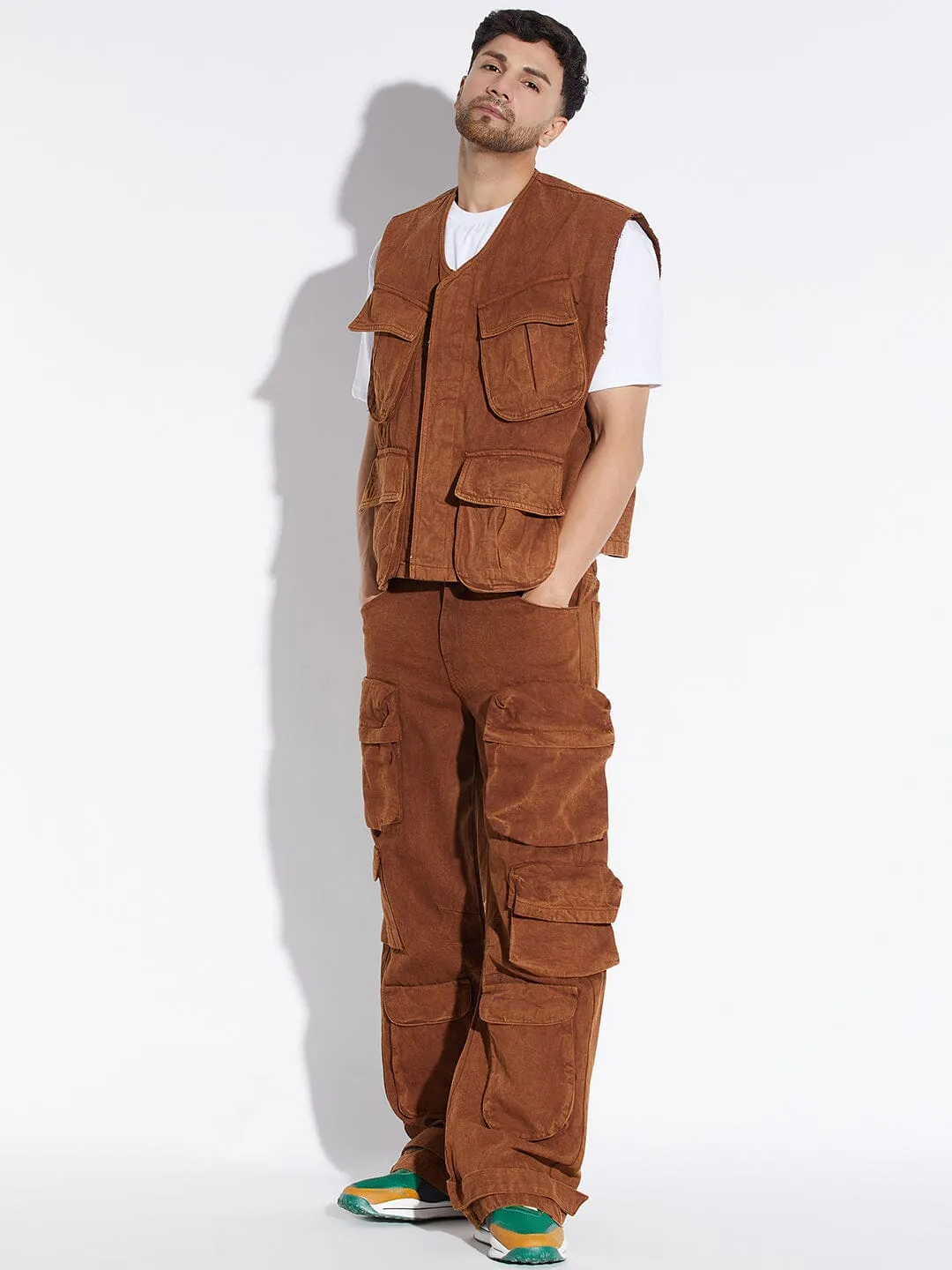 Mens Stylish Brown Washed Denim Jacket and Pants Set