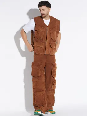 Mens Stylish Brown Washed Denim Jacket and Pants Set