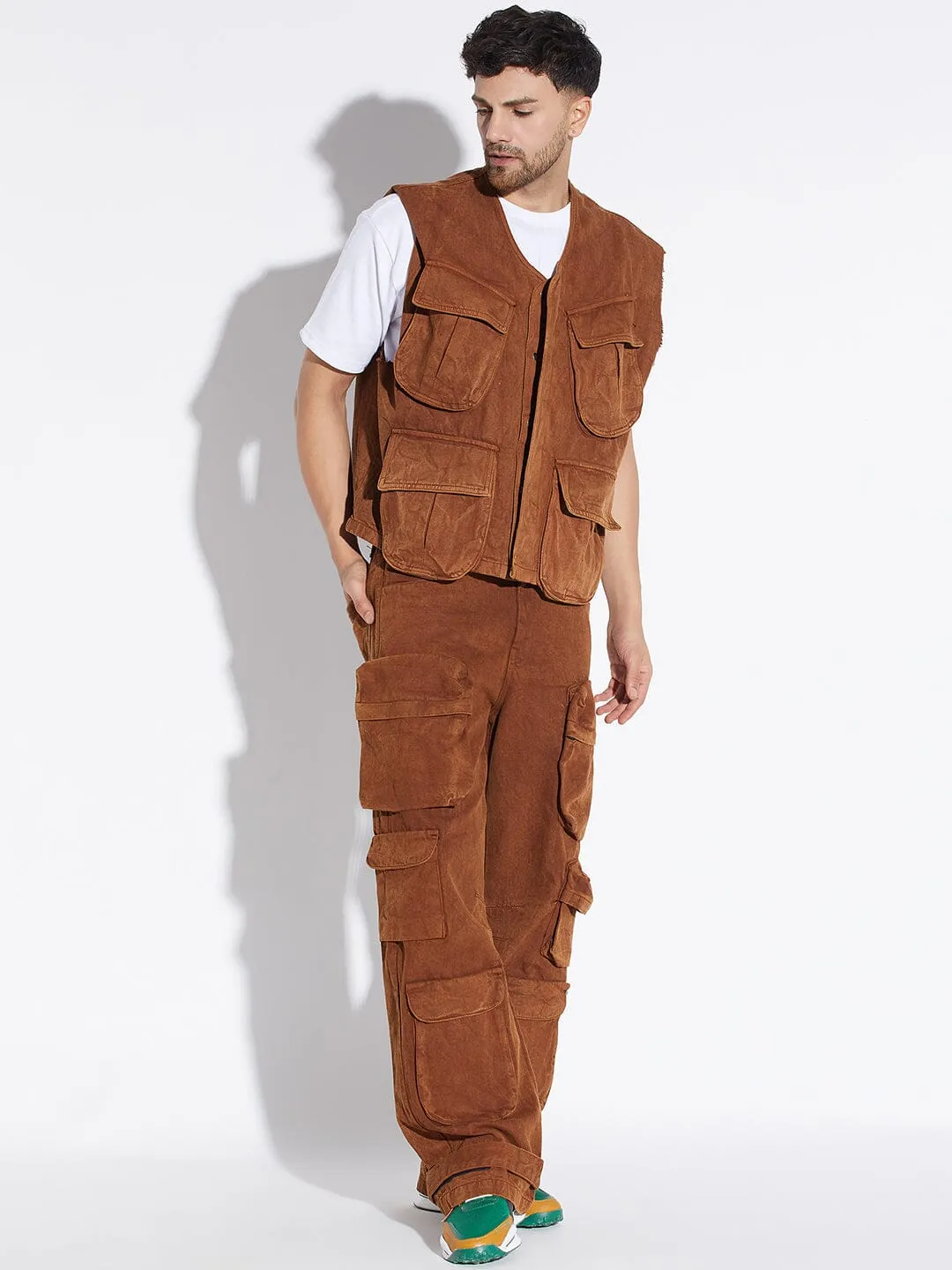 Mens Stylish Brown Washed Denim Jacket and Pants Set