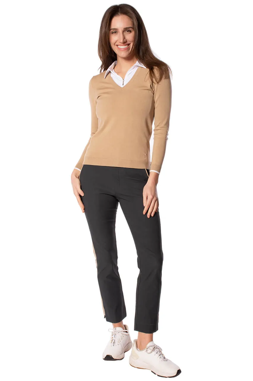 Camel/White Stretch V-Neck Sweater