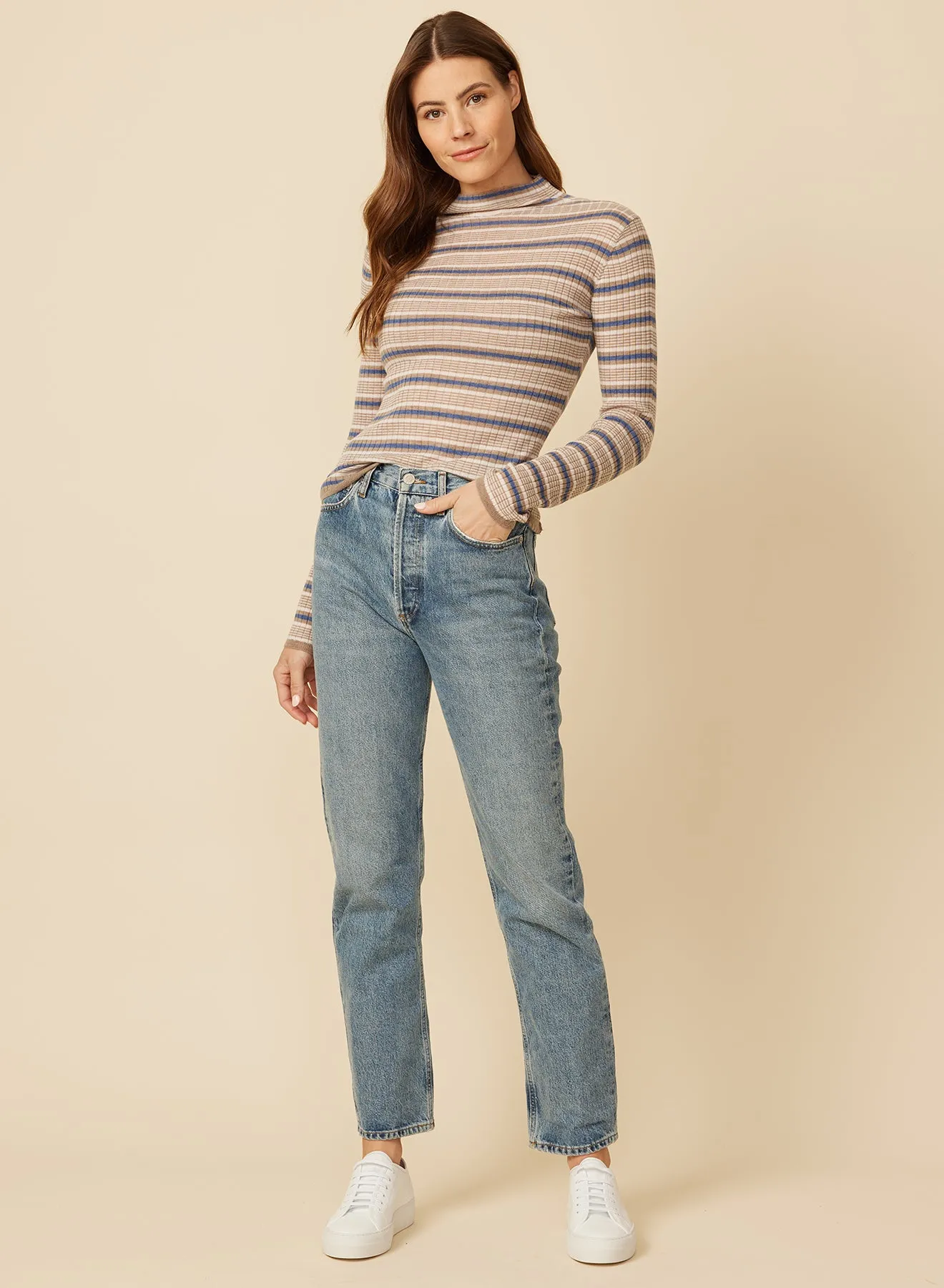 Carter Merino Mockneck - Ecru Stripe