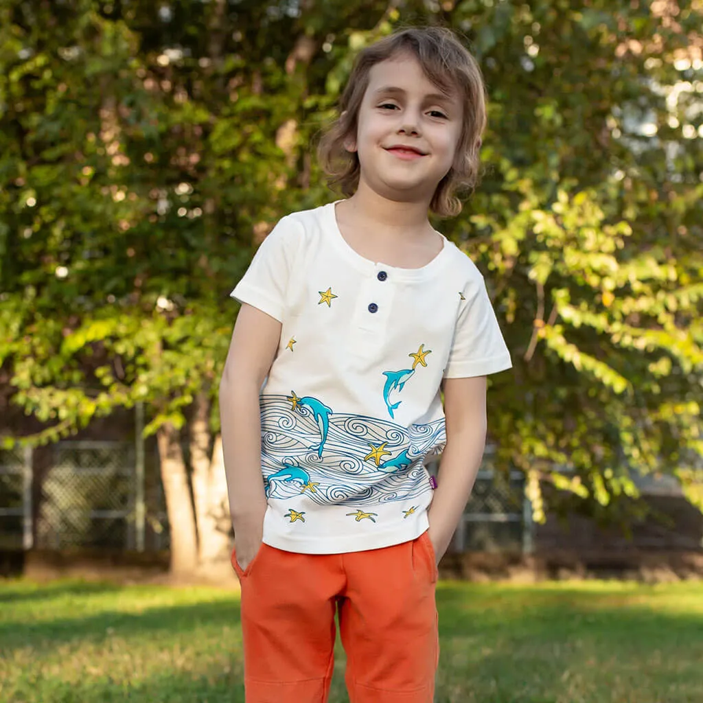Dolphins & Sea Stars Short Sleeve Henley Shirt