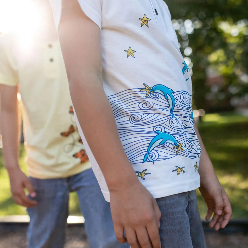 Dolphins & Sea Stars Short Sleeve Henley Shirt