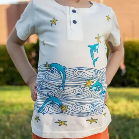 Dolphins & Sea Stars Short Sleeve Henley Shirt