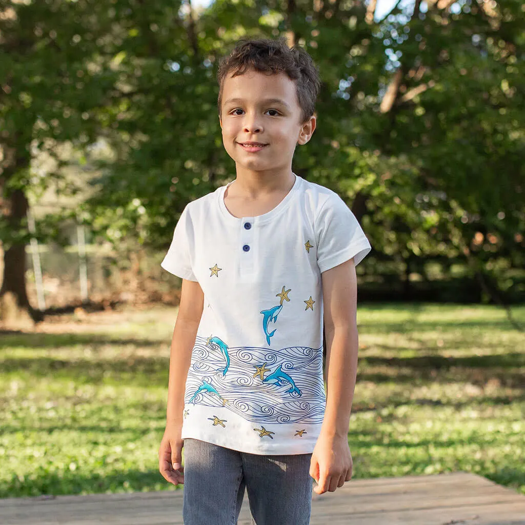 Dolphins & Sea Stars Short Sleeve Henley Shirt