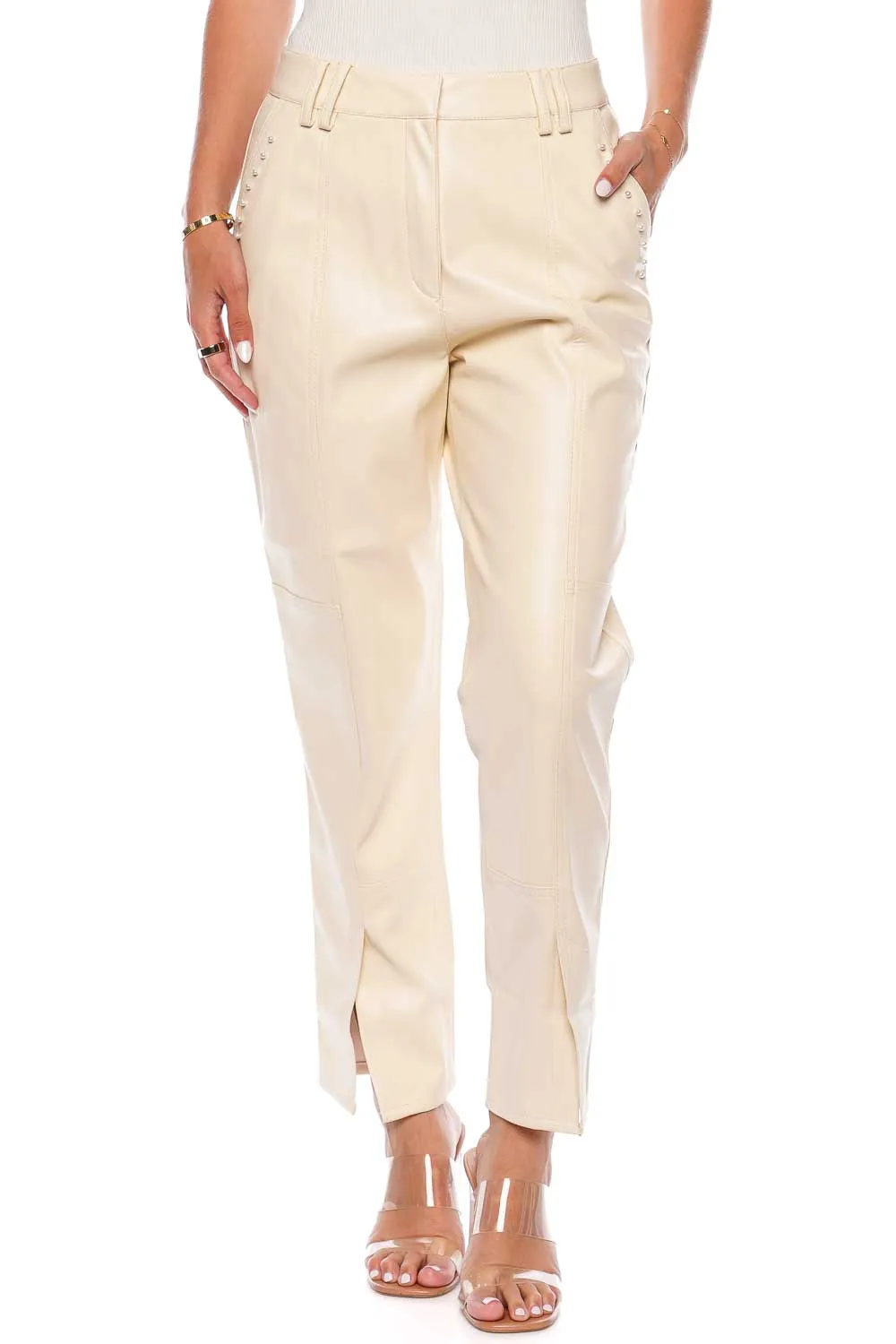 Elaine Pearl Embellished Vegan Leather Pants