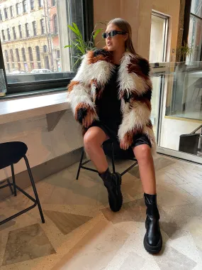 Stylish Curve Cream Faux Fur Coat with Brown Spots
