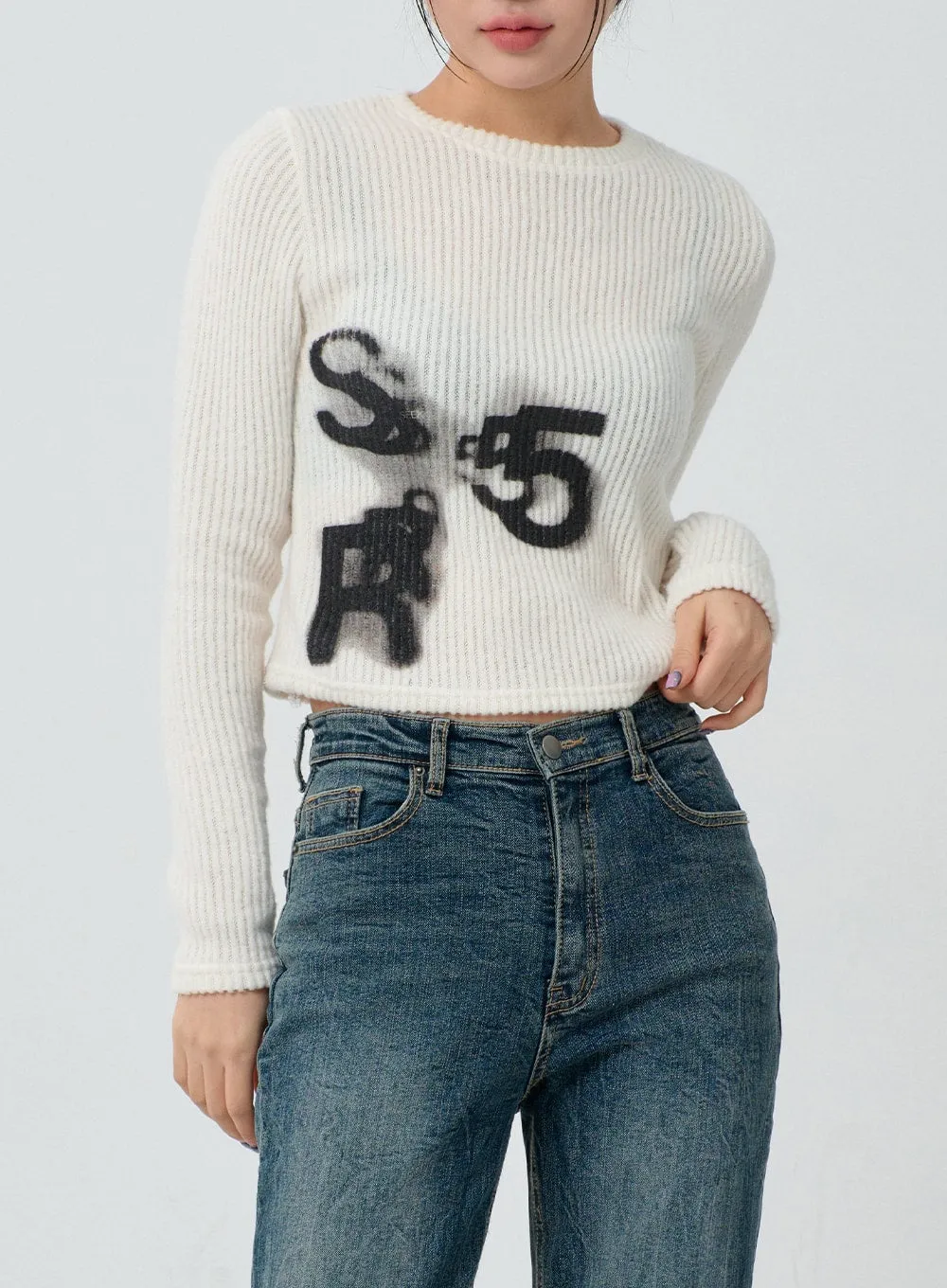 Graphic Ribbed Knit Cropped Top CJ304
