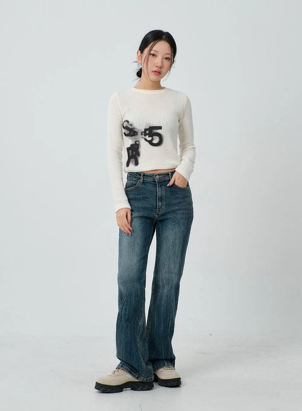 Graphic Ribbed Knit Cropped Top CJ304
