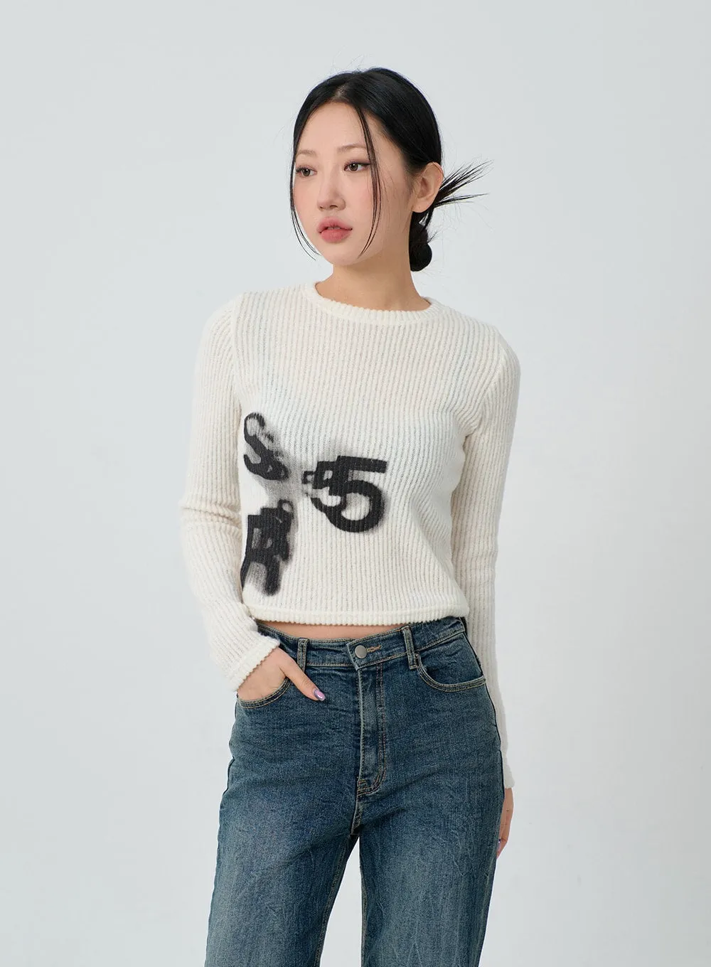 Graphic Ribbed Knit Cropped Top CJ304