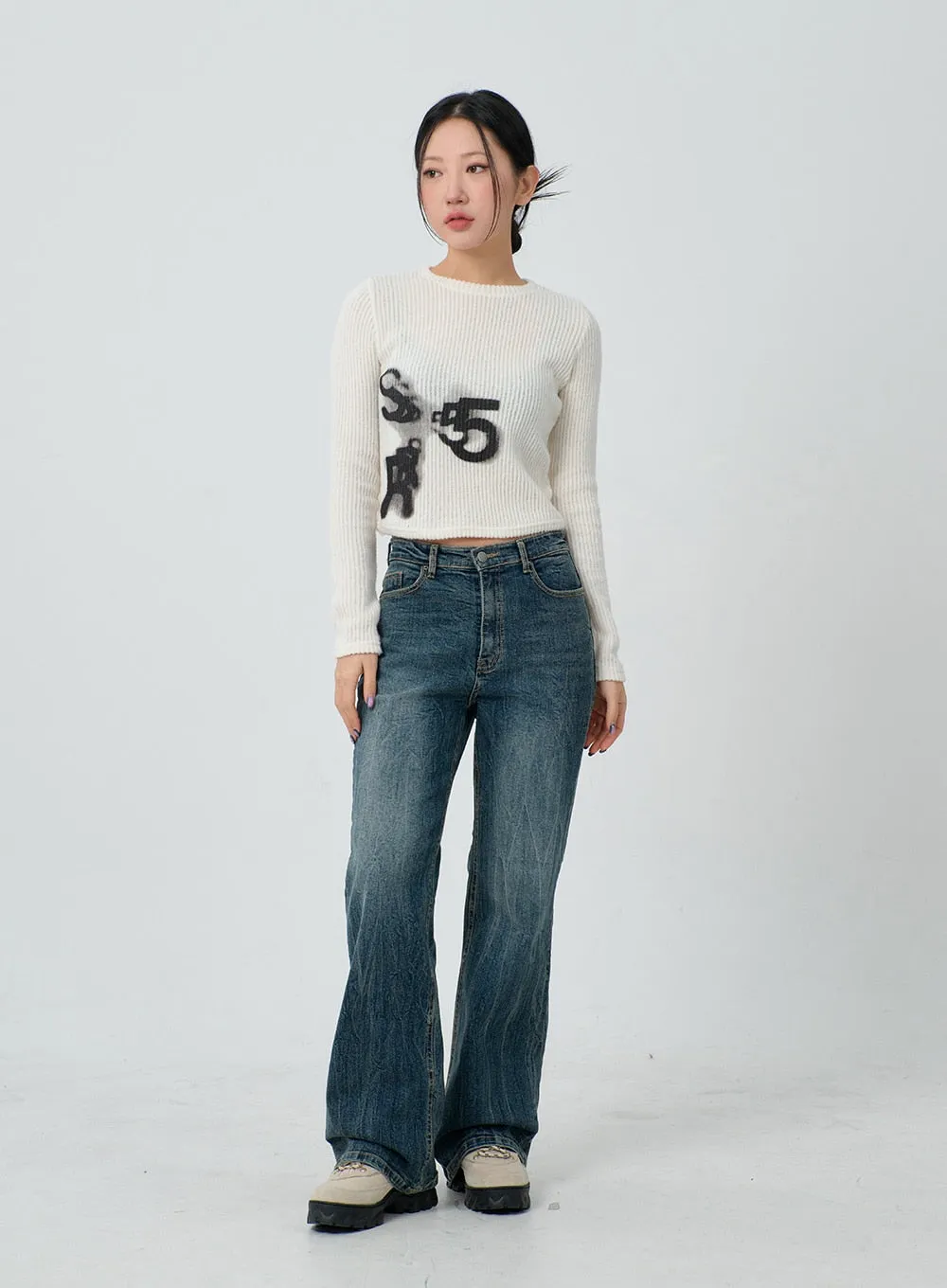 Graphic Ribbed Knit Cropped Top CJ304