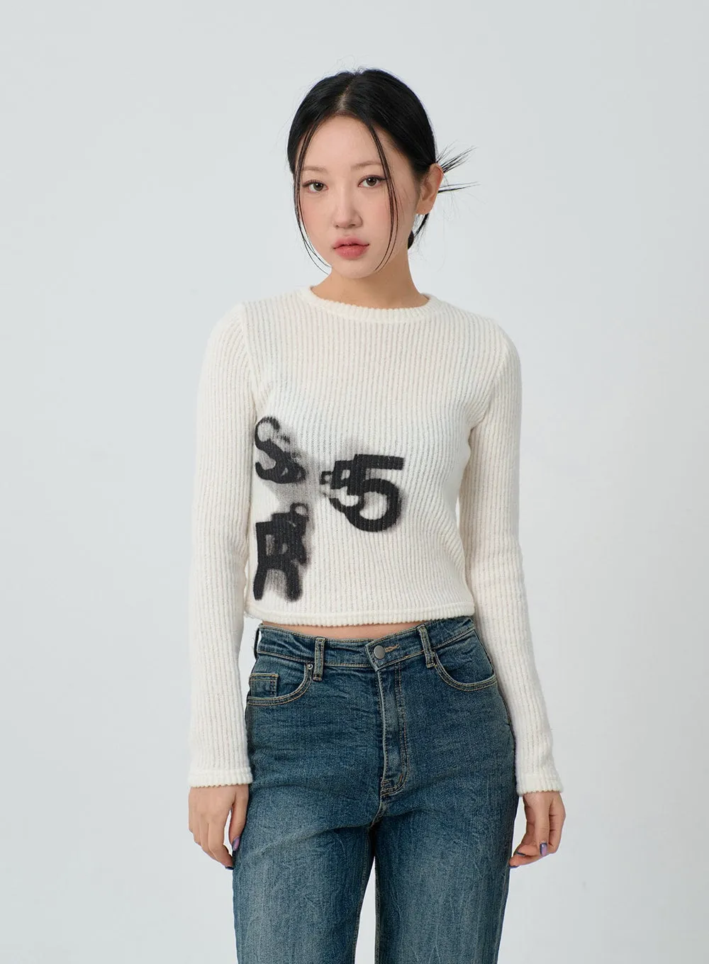 Graphic Ribbed Knit Cropped Top CJ304