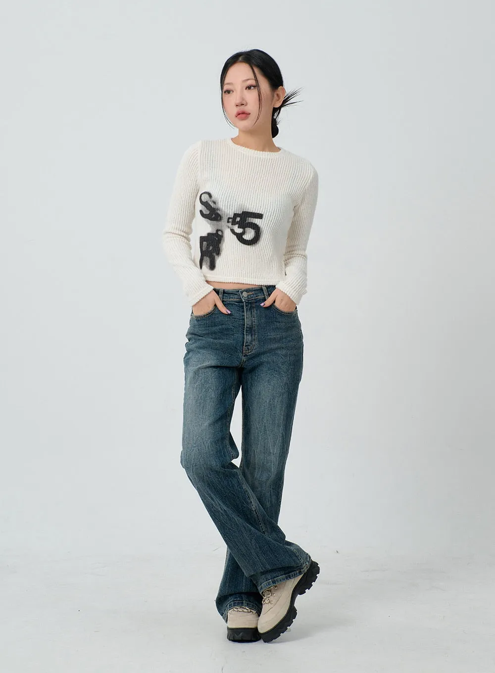 Graphic Ribbed Knit Cropped Top CJ304