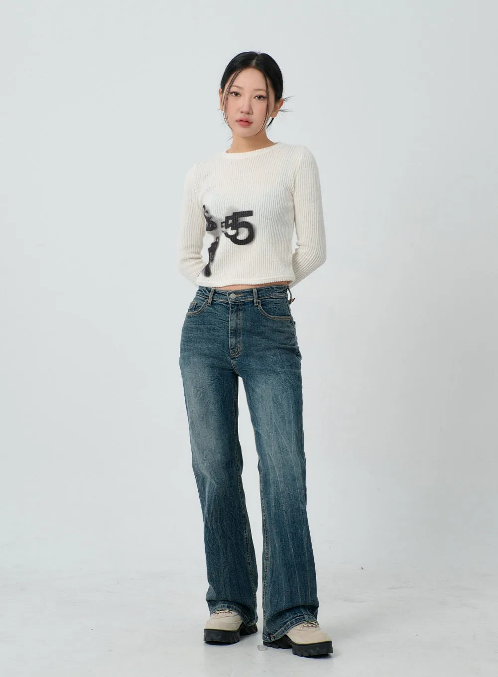 Graphic Ribbed Knit Cropped Top CJ304