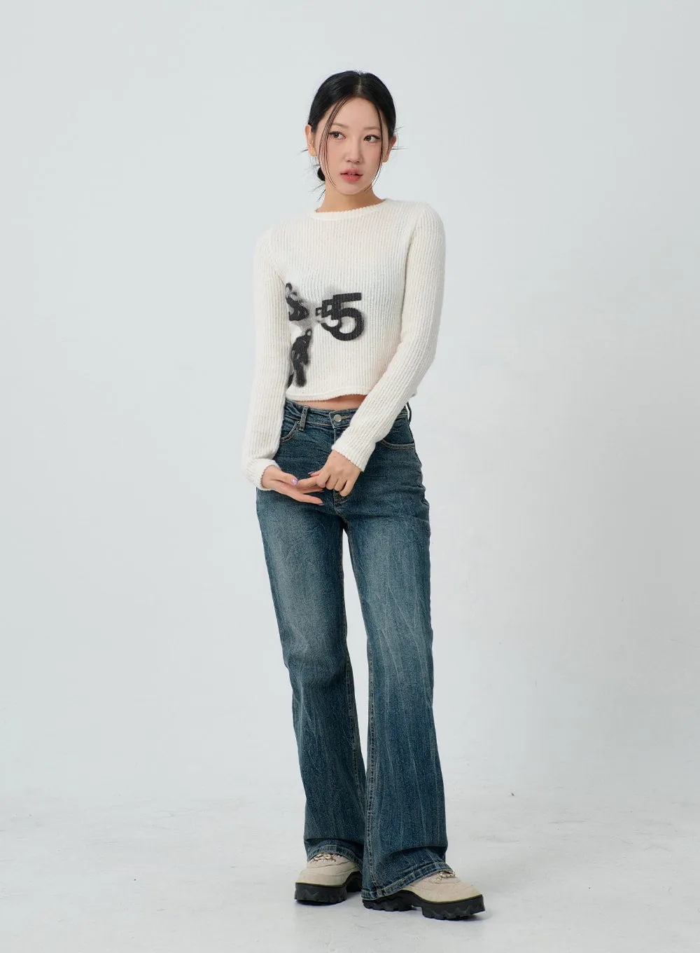 Graphic Ribbed Knit Cropped Top CJ304