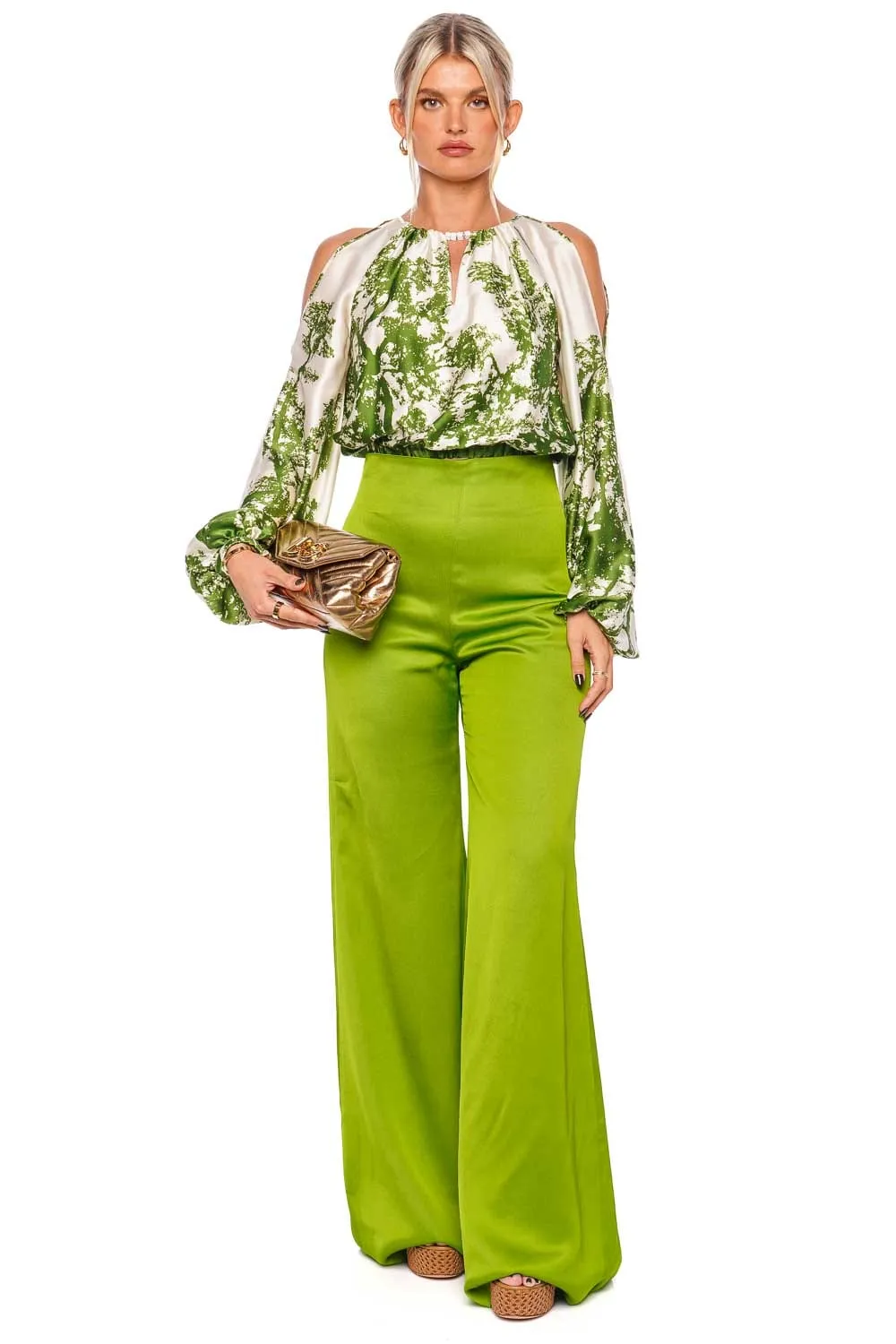 Grotte Lime Wide Leg Satin Pants