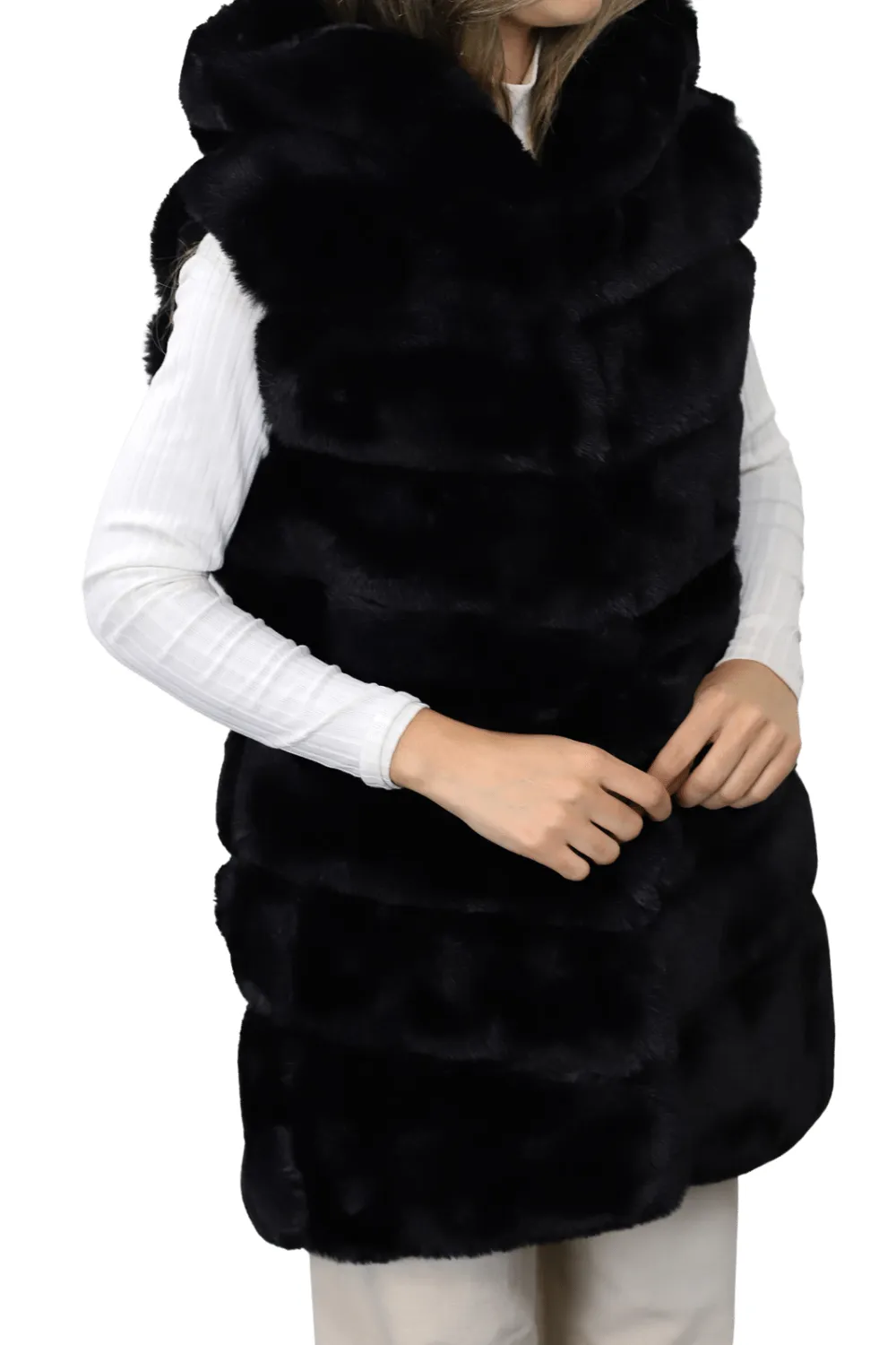 Hooded Faux Fur Woven Vest - Black