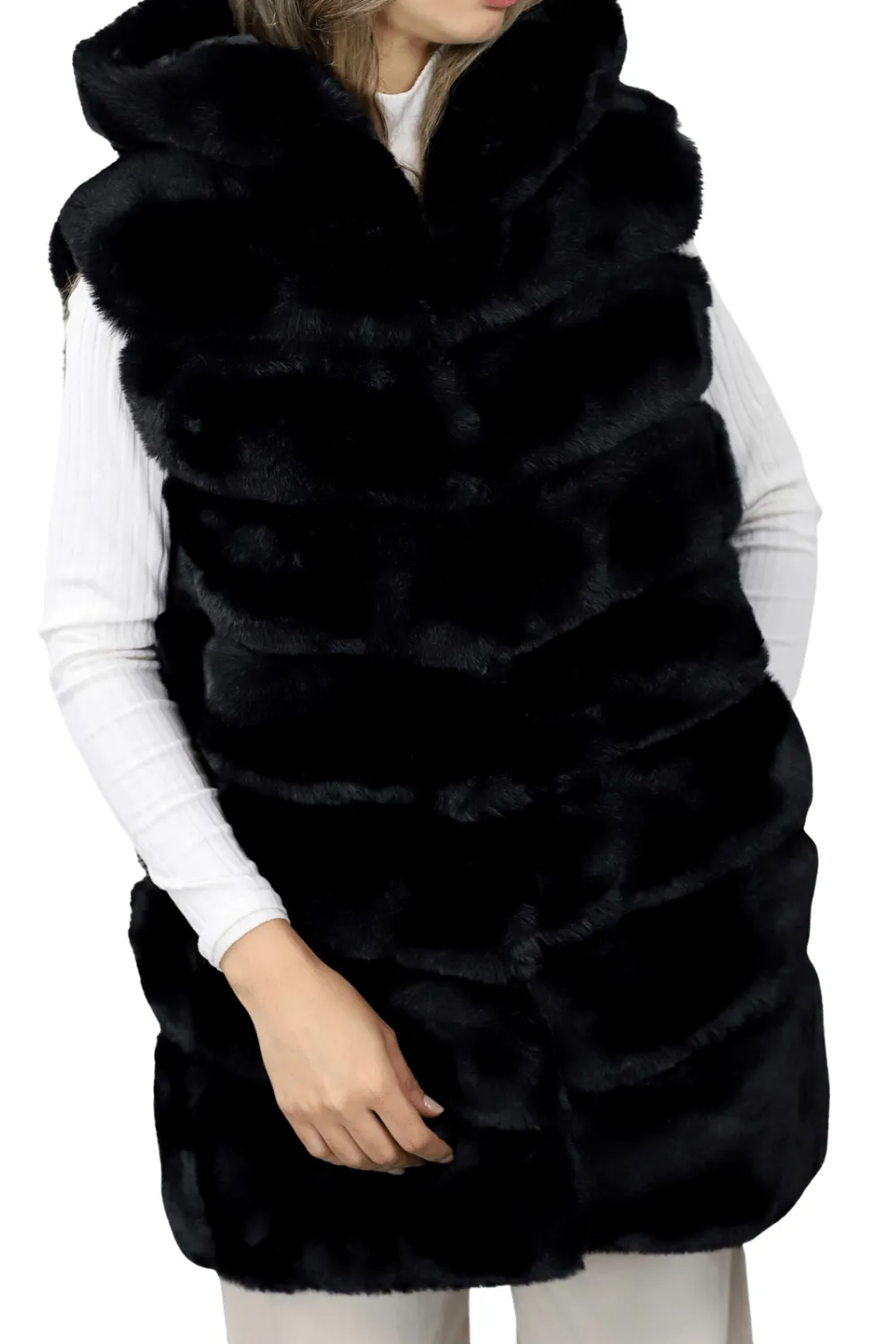 Hooded Faux Fur Woven Vest - Black