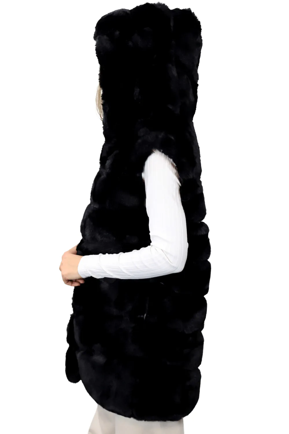 Hooded Faux Fur Woven Vest - Black