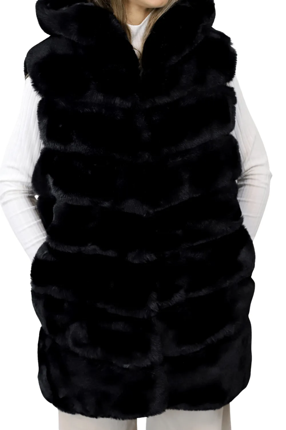 Hooded Faux Fur Woven Vest - Black