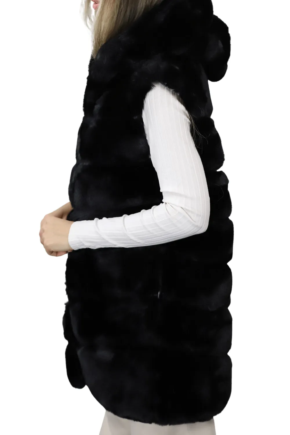 Hooded Faux Fur Woven Vest - Black