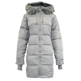 Jessica Simpson Medium-Sized Womens Quilted Puffer Jacket with Fur Trim and Sherpa Lining in Ice Grey