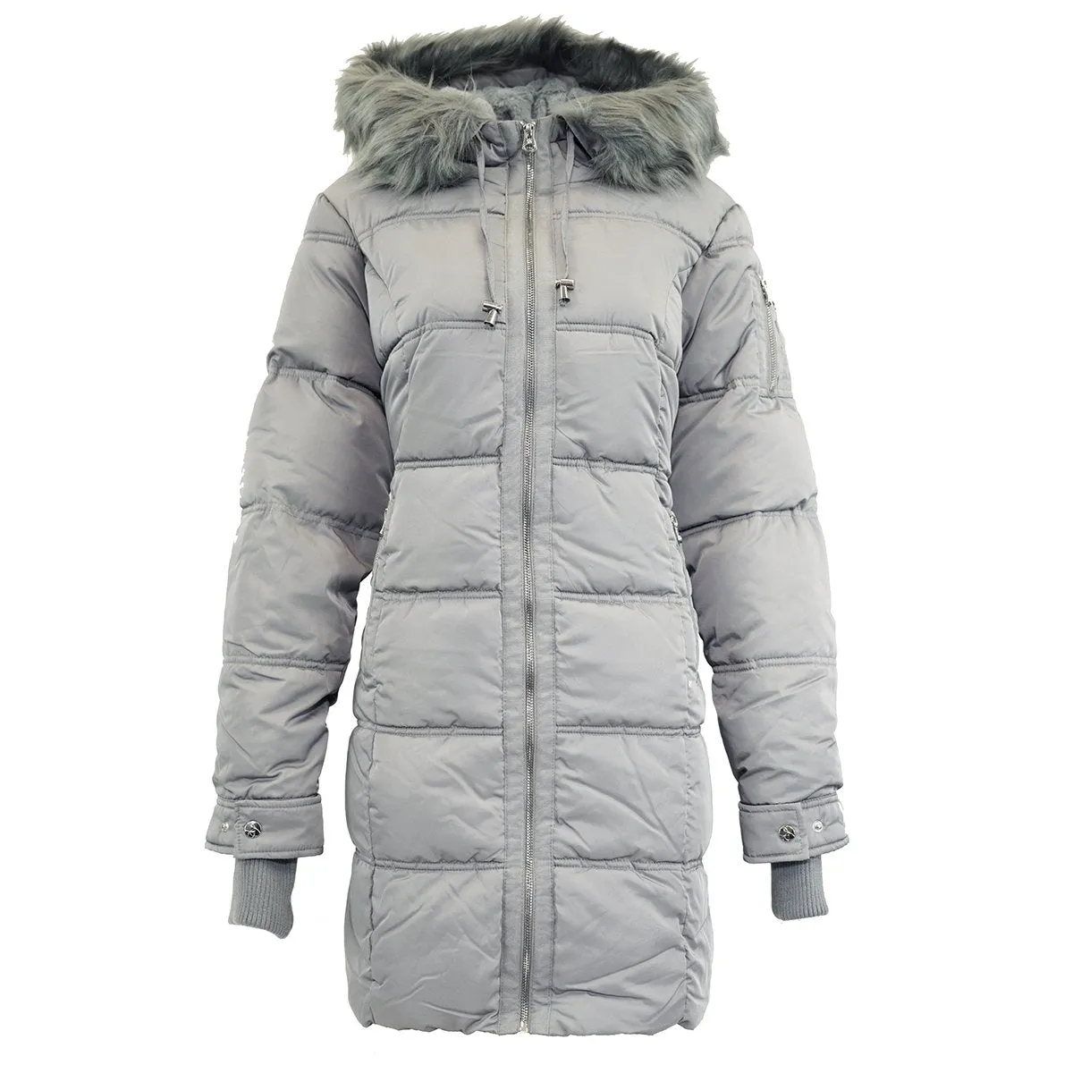 Jessica Simpson Medium-Sized Womens Quilted Puffer Jacket with Fur Trim and Sherpa Lining in Ice Grey