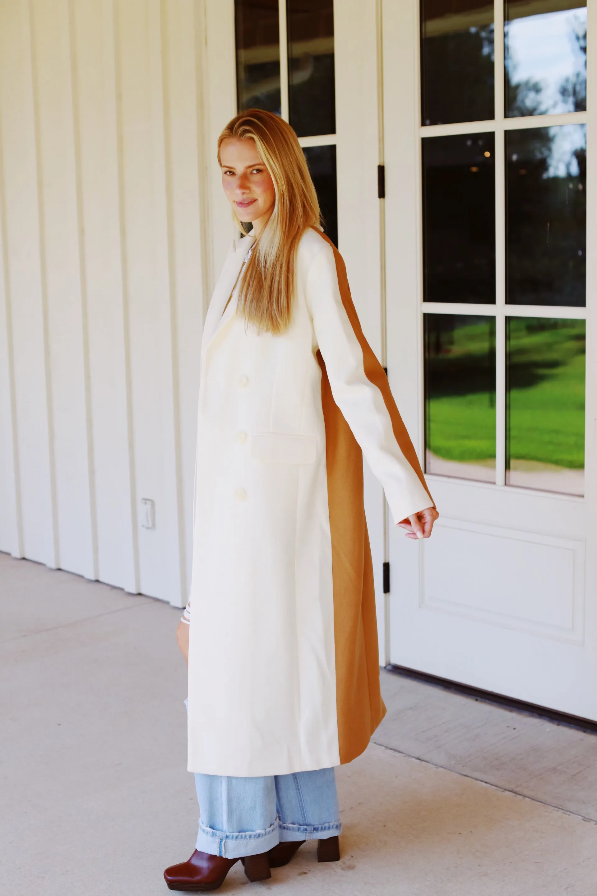 Kris Colorblocked Coat - Ivory/Beige