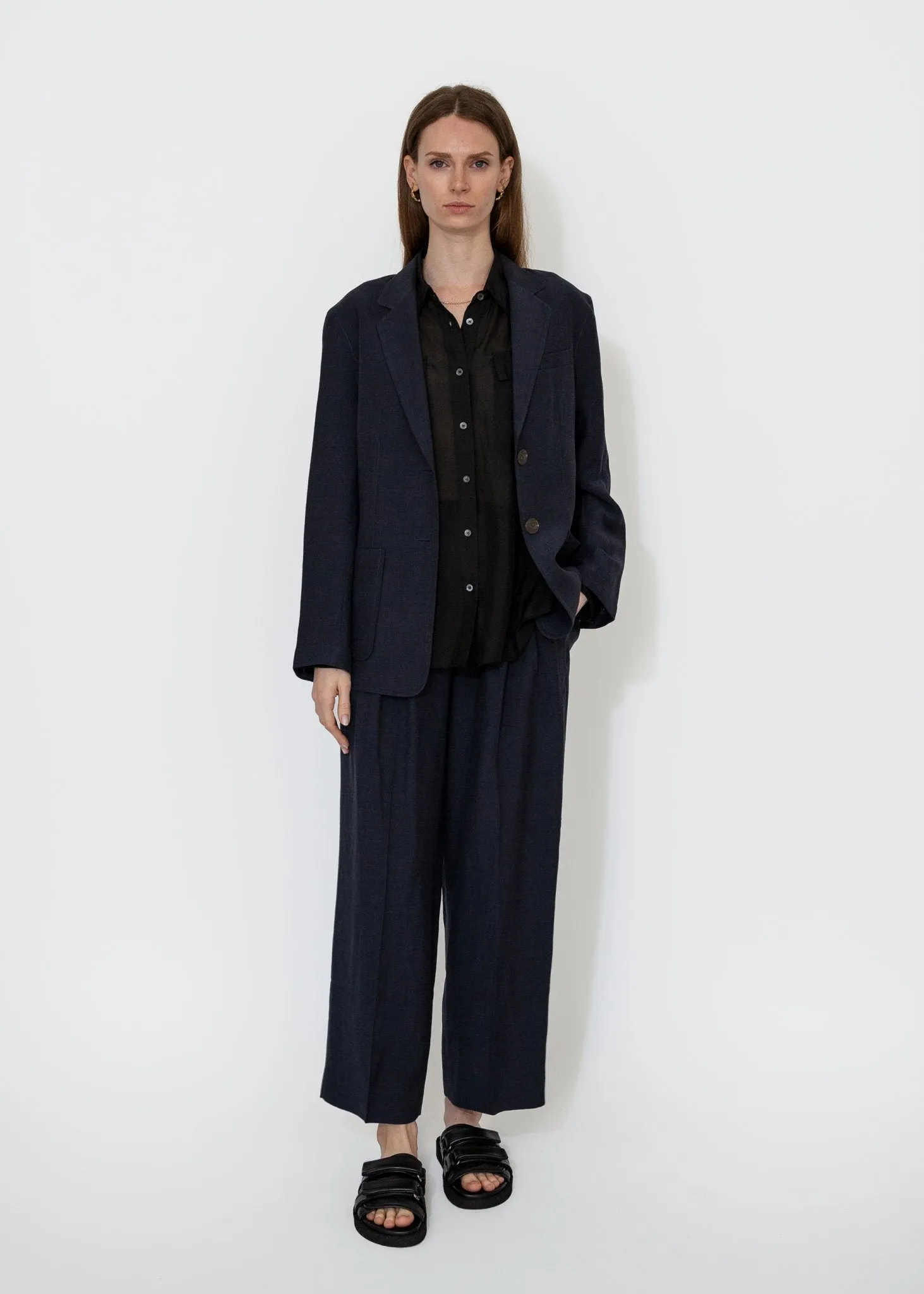 Linen Blend Wide Leg Pants in Navy