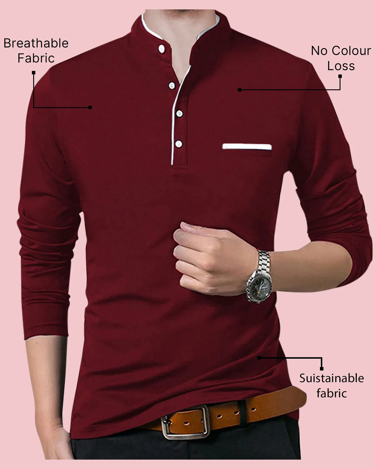 MEN HENLEY Maroon Full Sleeve T-Shirt