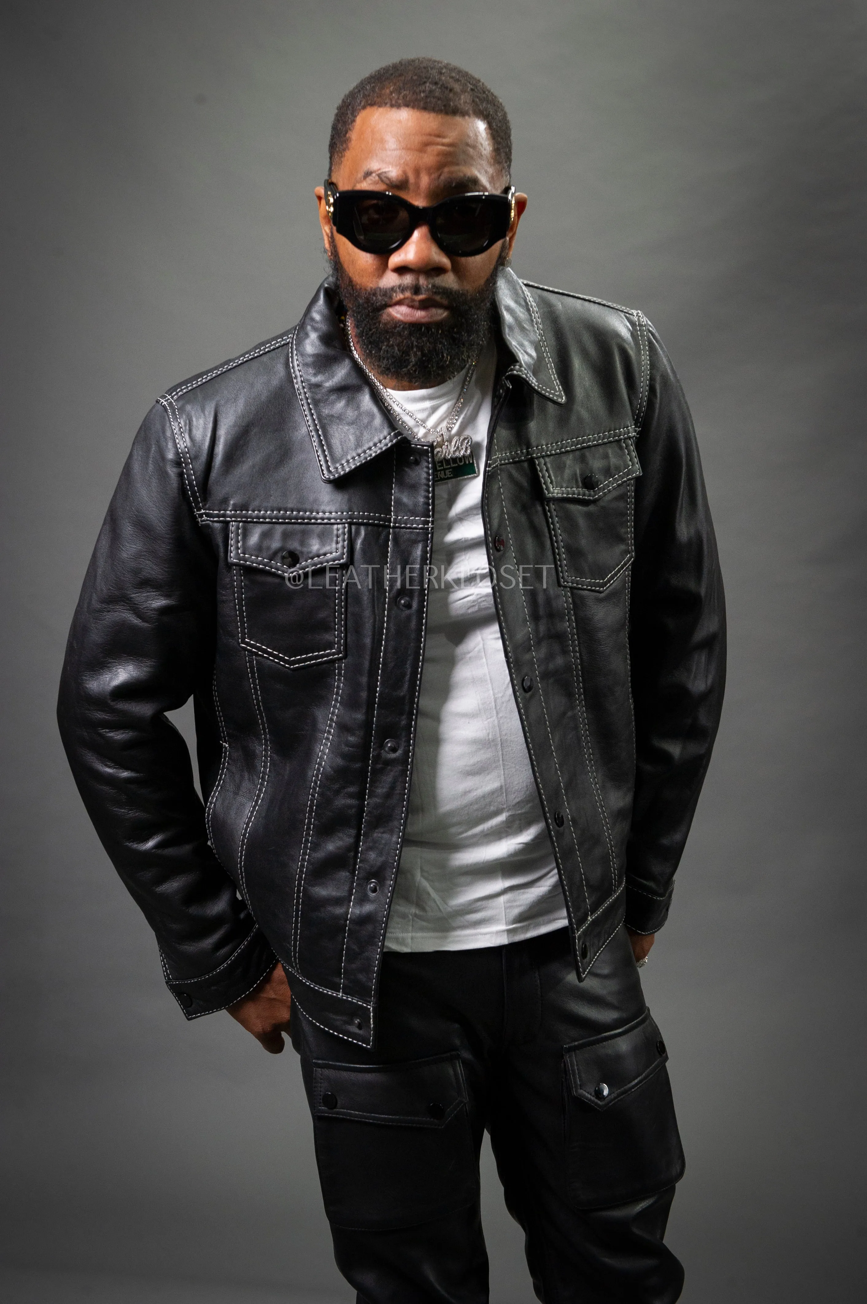 Black Dylan Mens Leather Jean Jacket and Cargo Pants Set